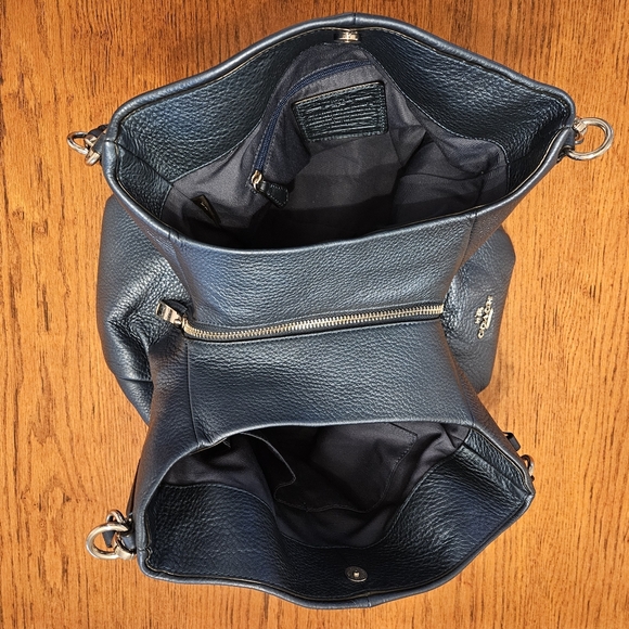 Coach Metallic Navy Pebbled Leather Boho Shoulder Bag w/ Silver Accents - Picture 6 of 12